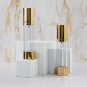 Garrafa luxuosa transparente de 30ml, 50ml, garrafa de bomba sem ar de ouro brilhante para gel de loção