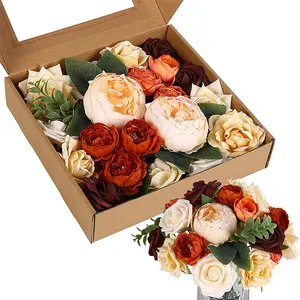 Grosir vas buatan tanaman bunga-Buket Bunga Mawar Dekorasi Pernikahan, Hiasan Tengah Meja Besar Bunga Mawar Peony Sutra Palsu Merah Muda