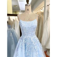 Gaun Prom Bordir Aplikasi Renda Pola Kupu-kupu Biru Muda Grosir 2025 2026 Dengan Tulle dan Tali di Belakang Model Ball Gown