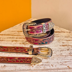 Cinturones de Cuero Genuino Premium para Hombre, Cinturón con Cuentas de Cristal y Hebilla Metálica, Accesorios de Moda al por Mayor, Grabado Floral - Product Image 2