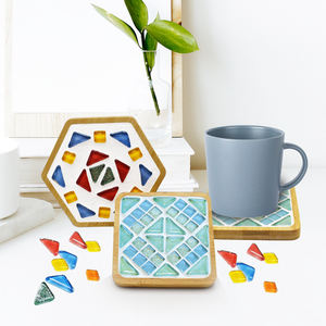 Kit de bricolage créatif pour sous-verres en mosaïque de verre, 2 pièces, couleurs assorties, pour parents et enfants, avec support en bambou, pour la décoration artisanale de la maison, cadeaux, boîte colorée - Product Image 5