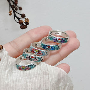 Bague ouverte en émail de Style ethnique Vintage, certifiée S999, couleur bleu cuit, Lotus, graine de Lotus, bague de mode nationale pour femmes - Product Image 1