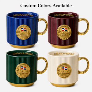 Tasses en céramique souvenir de la République Dominicaine, design drapeau emblématique, médaillon doré, mug à eau en porcelaine, fournisseur en gros ODM personnalisé - Product Image 2