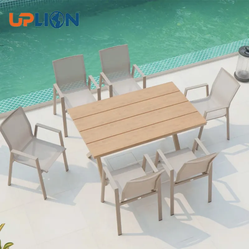 Uplion Outdoor Restaurant Möbel Patio Kunststoff Holz Tisch und Stühle Wasserdichtes Aluminium Garten Ess-Set