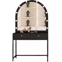 Table de Maquillage Moderne de Luxe en Métal Noir et Or avec Miroir LED Arqué et Hauteur Réglable pour Salon de Coiffure - Vente en Gros