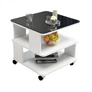 Table basse carrée moderne avec roulettes, étagère de rangement à 3 niveaux, table d'appoint roulante, meubles de salon noir et blanc - Product Image 5