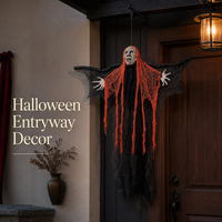 SIPKLR 35,4'' Décoration géante suspendue de squelette fantôme effrayant avec cheveux en filet orange vif pour la décoration de fête d'Halloween en extérieur