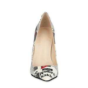 Nuove Scarpe con Tacco Alto da Donna 2020, Décolleté Bianche in PU con Tacco Sottile, Stampa Giornale, Scarpe Estive da Cerimonia, Vendita all'Ingrosso - Product Image 4