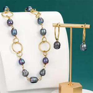 Perles d'eau douce hawaïennes pur fait à la main en acier inoxydable or 18 carats bijoux pour femmes collection de boucles d'oreilles et colliers