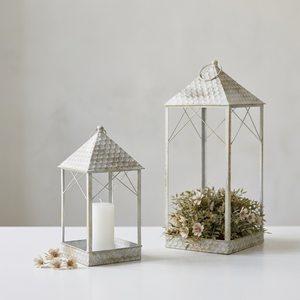 Antique White Metal <b>Lantern</b> <b>Candle</b> <b>Lanterns</b> with Hammered Top for Home & Garden Decoration - Product Image 2
