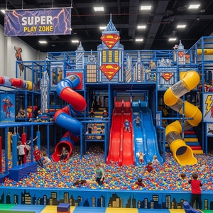 สนามเด็กเล่นในร่มสไตล์ซูเปอร์แมน อุปกรณ์สวนสนุกสำหรับเด็ก พร้อมสไลเดอร์ บ่อบอล และเกมต่างๆ - Product Image 4