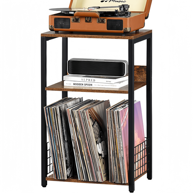Three-tier Wood Side Table & Record Shelf Brown Sustainable Easy Assembly Multifunction Living Room 30x40x65cm