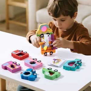 Ensemble de blocs d'équilibre et d'empilage en bois pour enfants, animaux et voitures, pour l'éveil cognitif, blocs translucides pour l'entraînement à la concentration - Product Image 3