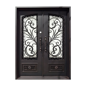 Porte moderne double en <span class=keywords><strong>fer</strong></span> <span class=keywords><strong>forgé</strong></span> avec verre dépoli, résistante aux impacts d'ouragan, pour entrée extérieure, cuisine extérieure et applications commerciales - Product Image 3