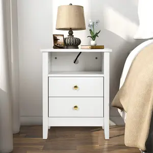 Weißer Nachttisch aus nordischem Holz Nachttisch mit Ladestation 2 Schubladen Schlafzimmer möbel für Wohnzimmer Luxus
