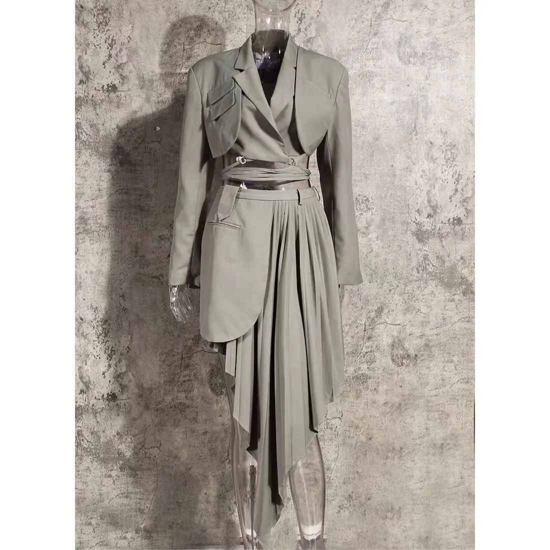 OUDINA Fashion Asymmetric Women's 2 Piece Set Crop Blazer Tops Two Piece Suit Jacket Ladies Skirt Suits