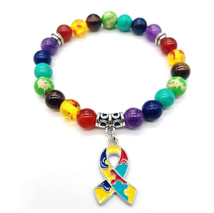 <span class=keywords><strong>Bracelet</strong></span> de Sensibilisation à l'Autisme, <span class=keywords><strong>Bracelet</strong></span> Perles Pierres Naturelles 7 Chakras, Pendentif Puzzle, <span class=keywords><strong>Bracelet</strong></span> Élastique Guérison des Chakras en Cristal - Product Image 2