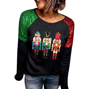 Pull de Noël pour femme à sequins, motif Casse-Noisette, manches longues, col rond, haut décontracté d'hiver, imprimé pailleté sur le devant - Product Image 1