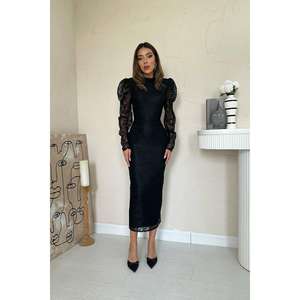 ชุดเดรสลูกไม้สีดำหรูหรา คอสูง แขนพอง ซ้อนชั้นโปร่งแสง สไตล์วินเทจ สำหรับงานกลางคืน - Product Image 3