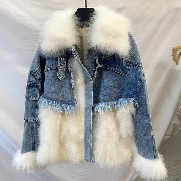 Latest Design Denim Jackets Fur Trimming Casual Women Real Fox Fur Coat Super Warm Fur Lined Winter Denim Parka