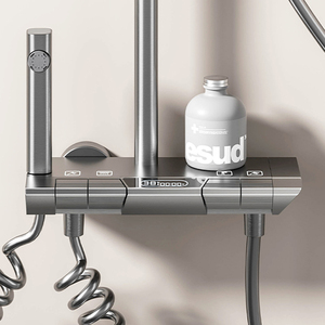 Nuovo Set Rubinetteria Termostatica con Soffione Doccia Circolare Quadrato a Soffitto, Sistema Doccia a Mano, Finitura Spazzolata Grigio Canna di Fucile, Getto Morbido - Product Image 5