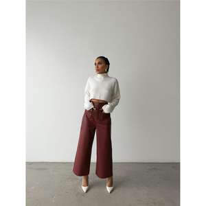 Pantalon en cuir bordeaux décontracté pour femme, taille élastique, avec poche avant, respirant, pantalon cargo à jambes larges, taille XL - Product Image 2