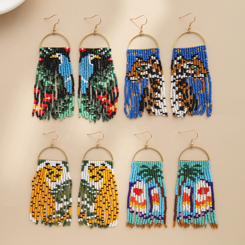 New Arrival Bohemian Tassel Earrings Personality Parrot Tiger Leopard pattern seed beads beaded women's earrings jewelry