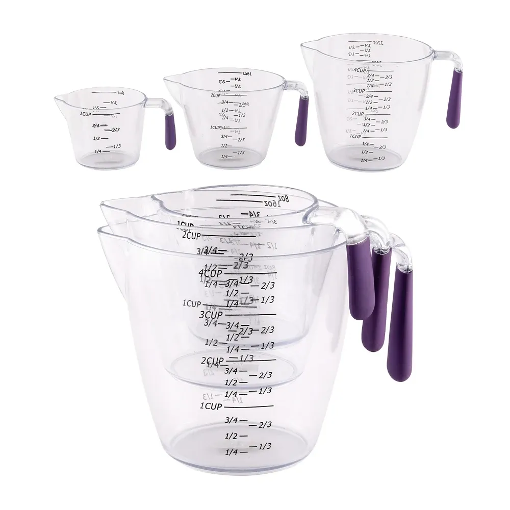 Strumenti di cottura Homesmart 3 pezzi di plastica trasparente misurino in gomma viola manico morbido 3 tazza di prodotti da forno