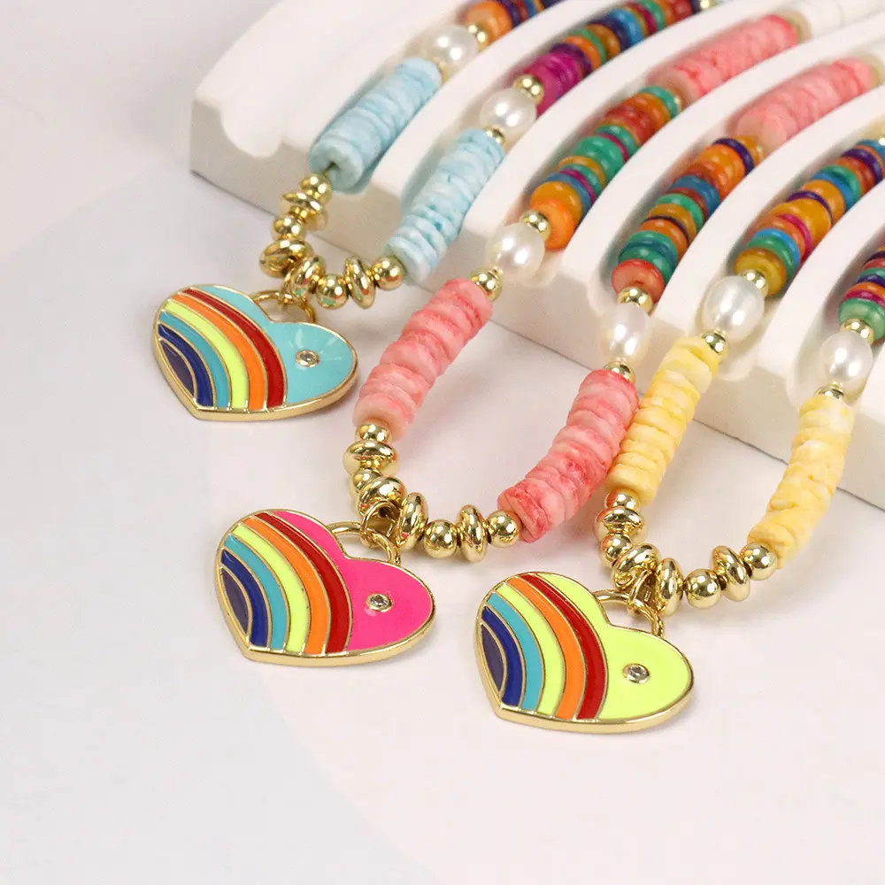 African Jewelry Handmade Beaded Shell Pearl Polymer Clay Beads Rainbow Heart Pendant Necklaces Natural