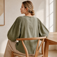 Nouvelle Blouse Décontractée Femme 2026 en Lin Tissé Uni avec Logo Frontal, Col Plissé, Manches Ballon, Coupe Droite et Respirante