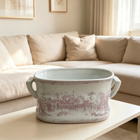 Bac en céramique ovale rose style campagne française avec deux poignées, motif Toile de Jouy vintage, en porcelaine, pour table ou comme pot décoratif
