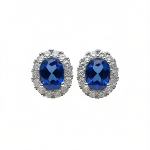 Pendientes de Oro Sólido de 18K con Zafiro, Corte Ovalado, Diamantes Redondos Brillantes con Engaste de Garra, Joyería Clásica para Bodas de Mujer - Product Image 1