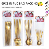 Ensemble de couverts en acier inoxydable doré poli miroir, 6 pièces, cuillères, fourchettes, durables, cadeaux d'affaires avec logo personnalisé, emballage PVC