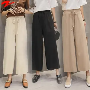 Women Summer Thin Knit Trousers Black Wide Leg Loose Pants Ankle Length Pants Casual Trouser Elastic Waist Plus Size Pants