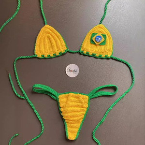 Özelleştirilebilir kadın seksi askısız pamuk tığ brezilya bayrağı desen <span class=keywords><strong>Bikini</strong></span> mayo ayarlanabilir fincan Patchwork XS doğrudan kaynak - Product Image 1