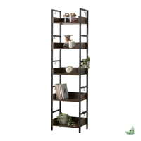 Estantería Alta con Marco de Metal Negro y Estantes de Madera, Estilo Industrial, Vertical, con Ganchos Laterales Múltiples para Colgar Artículos