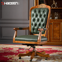 Fauteuil de bureau classique rétro en cuir vert, dossier moyen, pivotant en bois, de luxe, antique, avec roulettes, inclinable