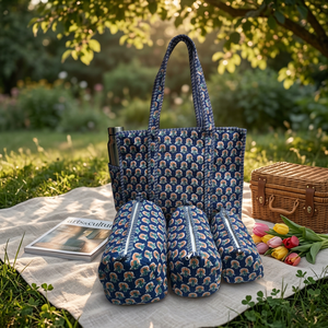 Sac à main matelassé en coton style vintage à imprimé floral, durable, doux au toucher, fermeture éclair, léger, facile à transporter, pochette utilitaire 3 pièces - Product Image 5
