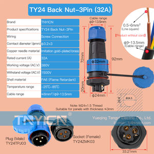 Lehim-ücretsiz su geçirmez hızlı bağlantı ortak tel bağlayıcı erkek kadın priz TY24 geri Nut-3P 32A dairesel kablo konnektörleri - Product Image 2