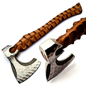 Hacha Vikinga Hecha a Mano de Primera Calidad de BA Enterprises, Hoja de Acero con Alto Contenido de Carbono, Diseño Tallado en Madera, 16 Pulgadas de Longitud Total, Supervivencia - Product Image 1