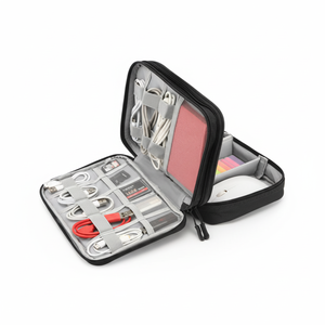 Sac de rangement pour accessoires numériques avec logo personnalisé, fermeture à glissière, en microfibre et cuir synthétique, organiseur portable pour équipement numérique - Product Image 1