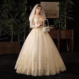 Wedding Dress Ball Gown Sweetheart Neckline Long Sleeve Off White Beige Train Natural Waist Polyester Fiber - Product Image 3