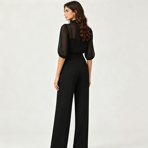 Completo da <span class=keywords><strong>Donna</strong></span> <span class=keywords><strong>3</strong></span> Pezzi: Top a Collo Alto con Maniche a Sbuffo Trasparenti, Canotta e <span class=keywords><strong>Pantaloni</strong></span> a Vita Alta a Gamba Larga - Set Formale da Ufficio Sehe Fashion - Product Image 4