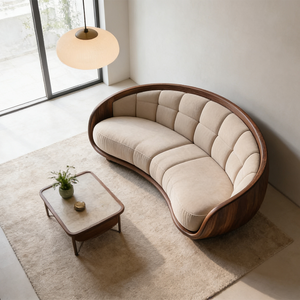 Divano Sezionale Curvo Nordico in Tessuto Bouclé Crema, Arredamento Moderno per Villa, Mobili per Soggiorno - Product Image 1