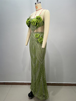 Robes de soirée maxi sirène en maille transparente ornée de strass floraux verts de luxe sur mesure, robe de soirée élégante, tenue de soirée sexy, couture