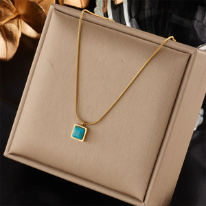European American Fashion Minimalist Square Turquoise Pendant Stainless Steel Spiral Chain Necklace Geometric Design - Product Image 1