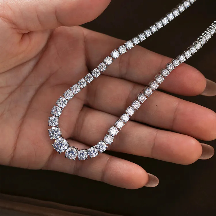 AAA Gems White Gold Vermeil Graduated Size 3.5mm VVS Moissanite Diamond Tennis Chain Necklace for Women