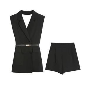 Conjunto de 2 Piezas Elegante de Verano para <span class=keywords><strong>Mujer</strong></span>: <span class=keywords><strong>Traje</strong></span> de <span class=keywords><strong>Chaleco</strong></span> Ajustado <span class=keywords><strong>con</strong></span> Cuello en V y Lazo en la Espalda - Product Image 1