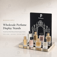 Présentoir à parfum en acrylique gravé avec base miroir et plateau à fentes, organisateur de fragrances pour boutiques et vente en gros