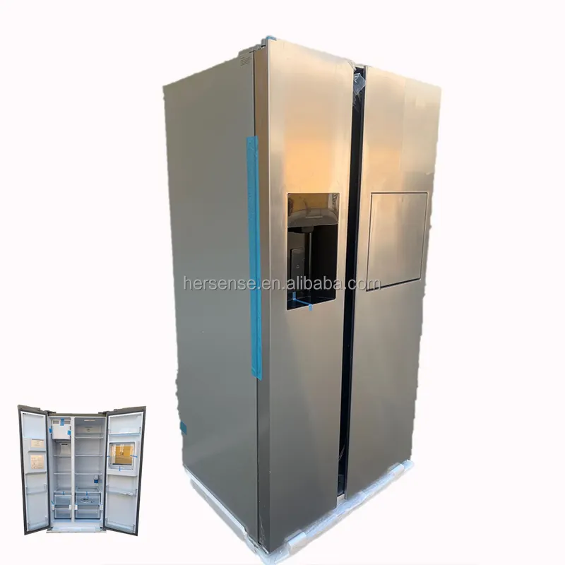 Refrigerador prateado com portas duplas francesas, inversor de luz de mesa para fazer gelo, 220V, 50/60 Hz, 606L, capacidade moderna sem gelo